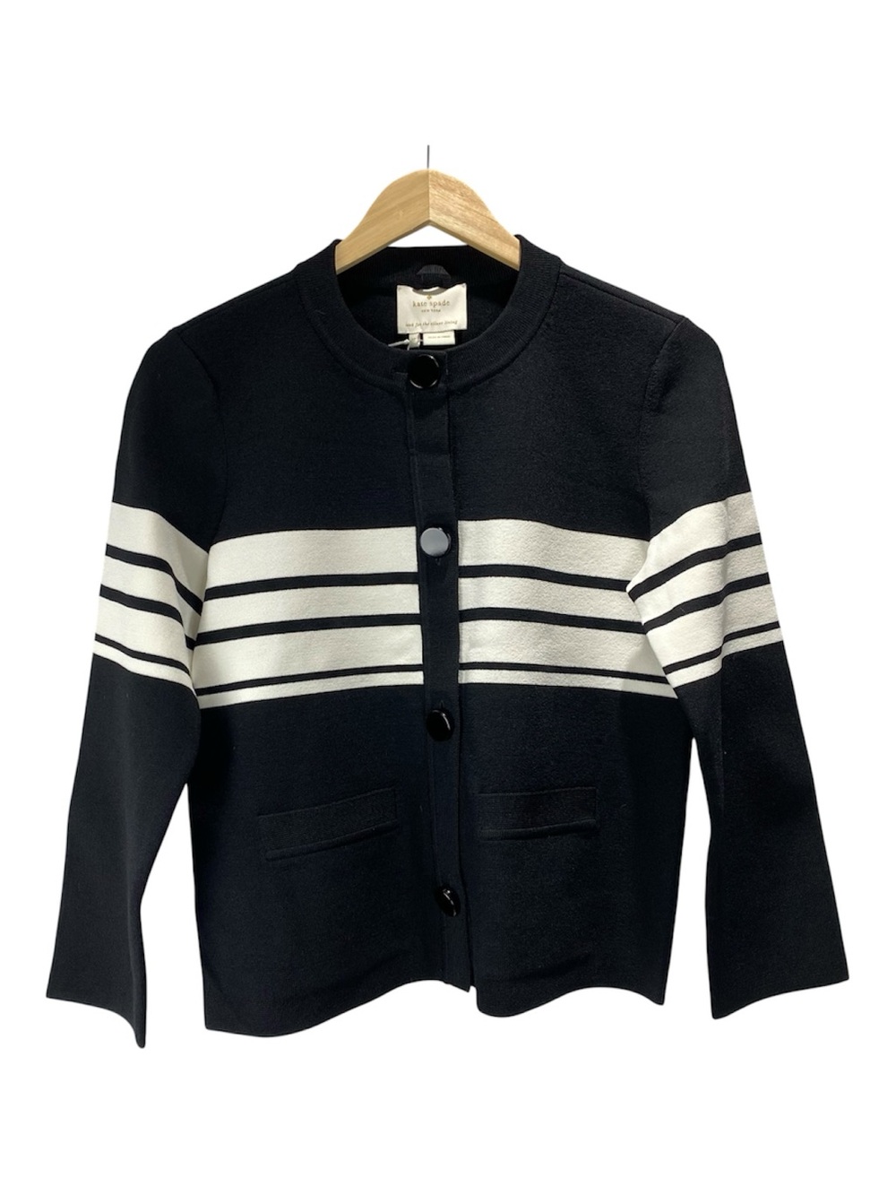 New Kate Spade CardiganSweater Size M Black White Classic Striped Chanel Knit